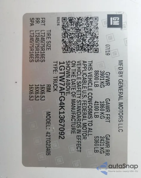 2019 GMC Savana G2500 z USA, uszkodzony, nr VIN 1GTW7AFG4K1367092